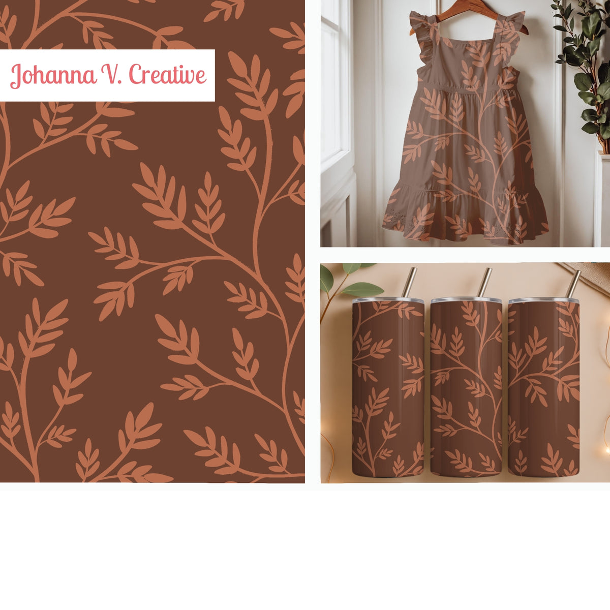 Terracotta Botanical Vine Seamless Pattern – Warm Brown Leafy Background