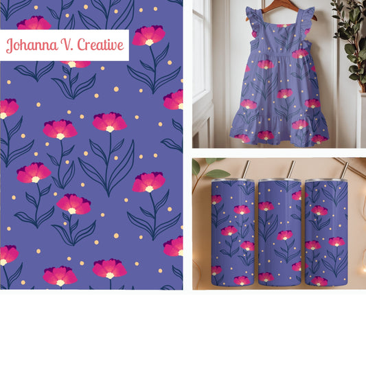 Sunset Flowers Seamless Pattern – Retro Coral & Blue Boho Floral Design