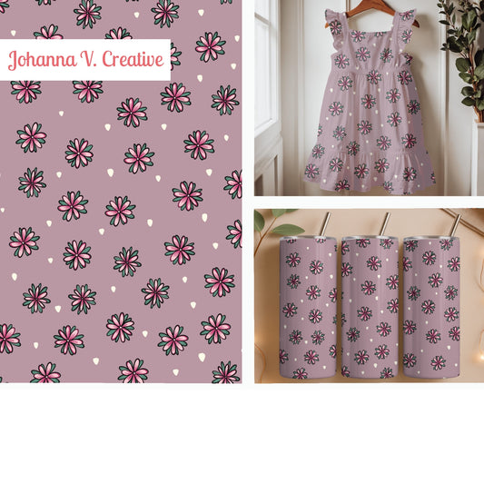 Pink Doodle Flower Seamless Pattern – Whimsical Floral on Dusty Mauve