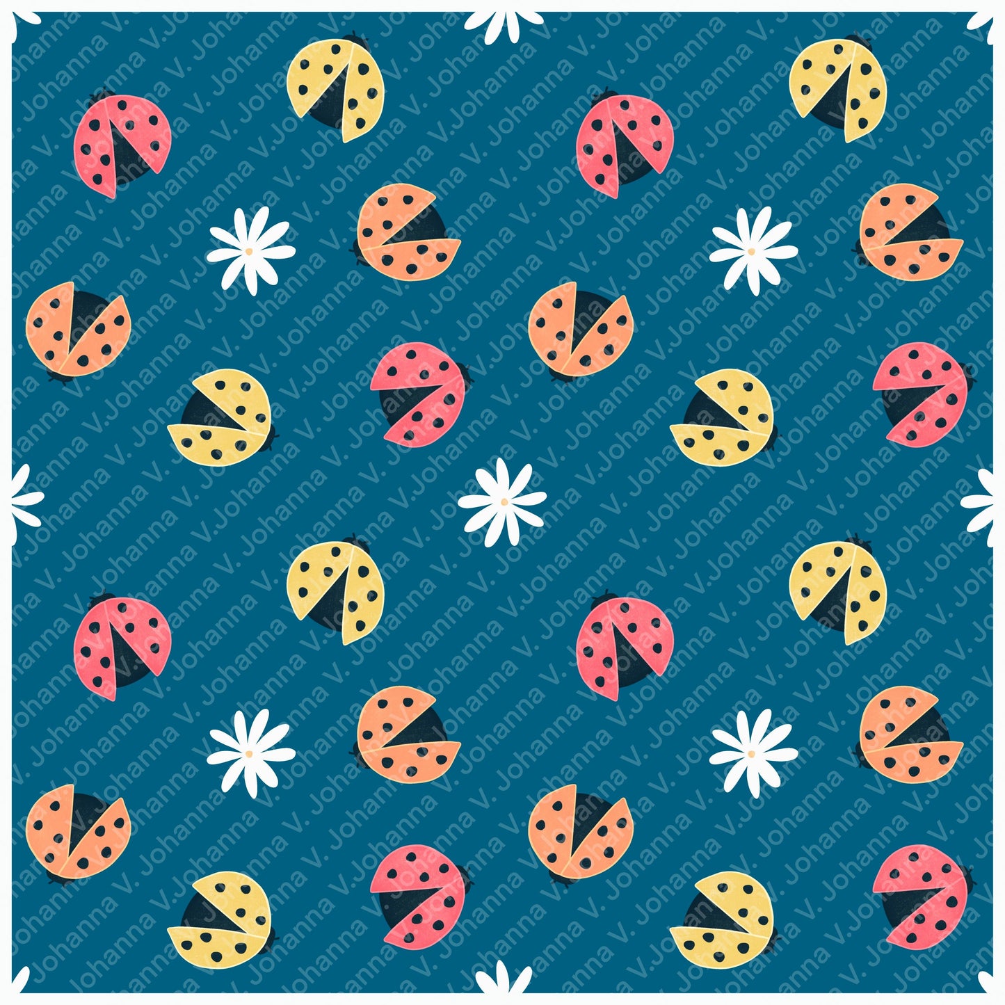 Seamless Ladybug Pattern PNG, Blue Cute Floral Bug Digital Paper 12x12, Whimsical Nature Surface Pattern for Fabric, Packaging, Kids Design, Commercial Use