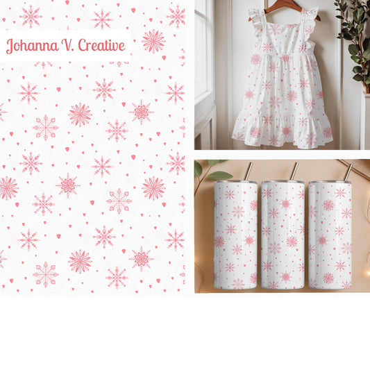 Pink Snowflake Seamless Pattern – Soft Blush Winter Snow & Ice Crystal Design