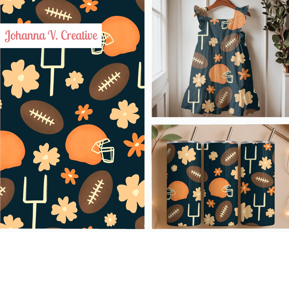 Football Season Seamless Pattern – Floral Game Day Football & Helmet Design