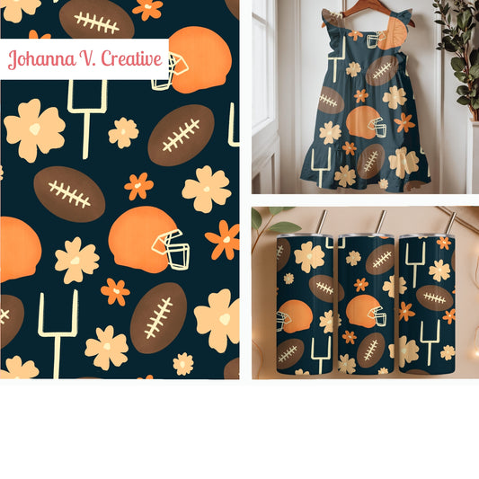 Football Season Seamless Pattern – Floral Game Day Football & Helmet Design