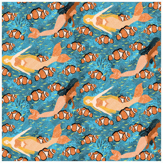 Mermaids & Clownfish Reef | Hand-Drawn Underwater Seamless Pattern