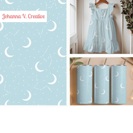 Baby Blue Celestial Moon Seamless Pattern – Crescent Moons, Stars & Constellations