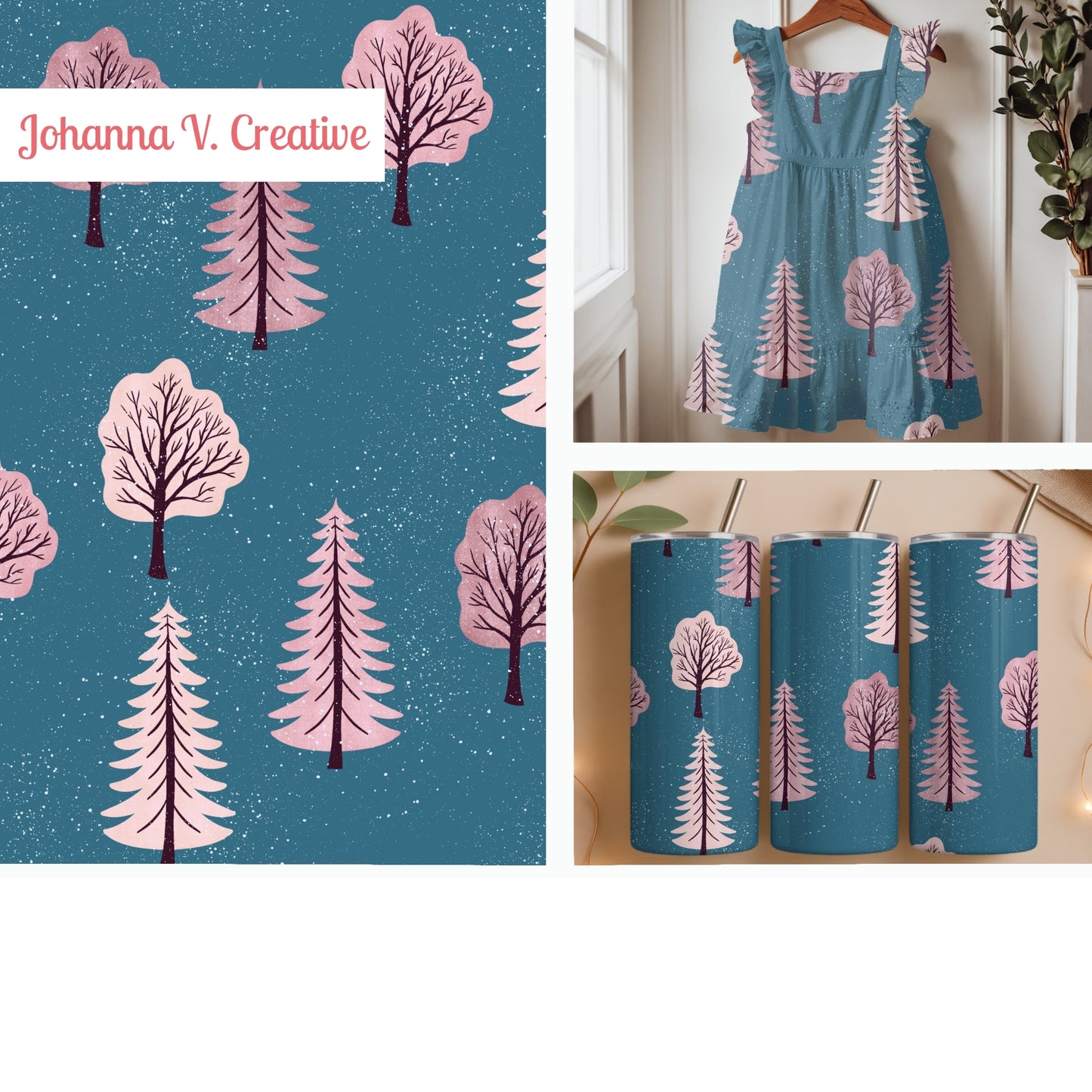 Pink Winter Forest Seamless Pattern – Snowy Blush Trees on Winter Blue