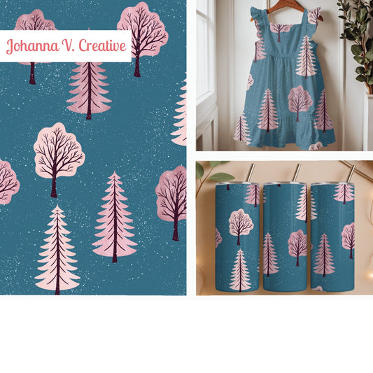 Pink Winter Forest Seamless Pattern – Snowy Blush Trees on Winter Blue