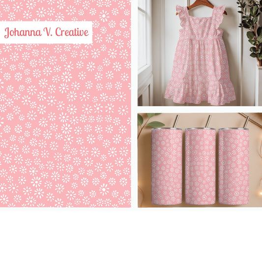 Pink Ditsy Daisy Seamless Pattern – Tiny White Floral on Blush Pink