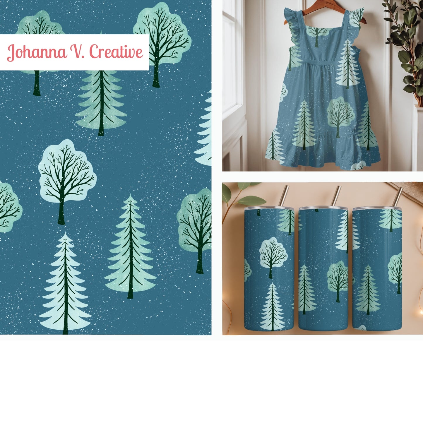 Quiet Winter Woods Seamless Pattern – Snowy Evergreen Forest in Blue & Mint