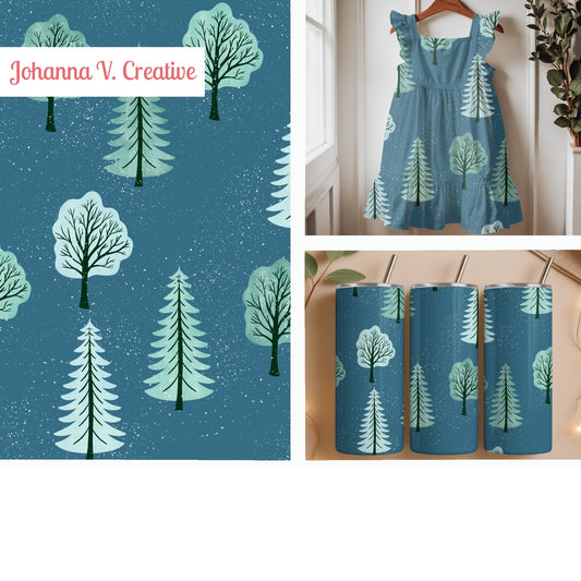 Quiet Winter Woods Seamless Pattern – Snowy Evergreen Forest in Blue & Mint