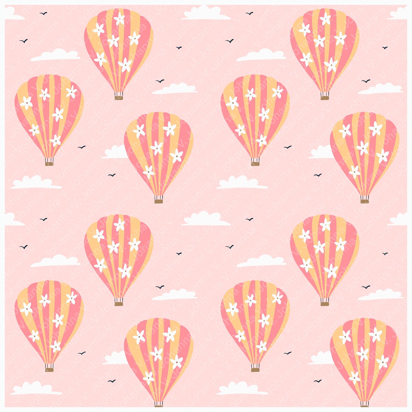 Seamless Hot Air Balloon Pattern PNG, Pink Floral Sky Digital Paper 12x12, Dreamy Cloud Surface Pattern for Nursery, Fabric, Packaging, Commercial Use