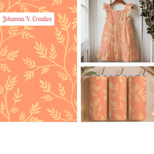 Peach Botanical Vine Seamless Pattern – Warm Orange Leafy Floral Background