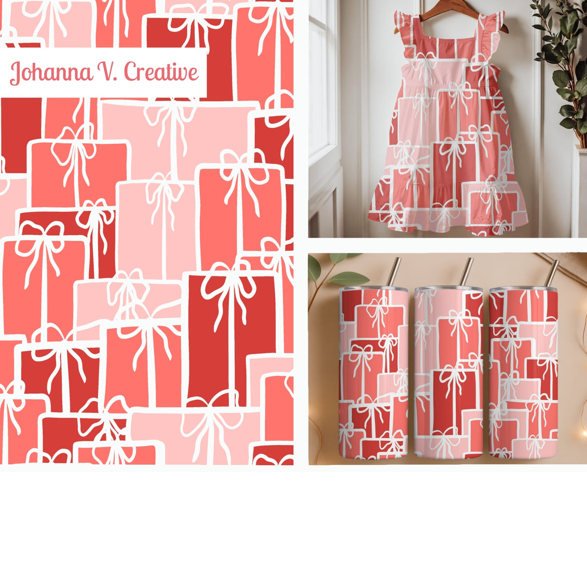 Christmas Presents Seamless Pattern – Red & Pink Gift Boxes with Hand-Drawn White Bows