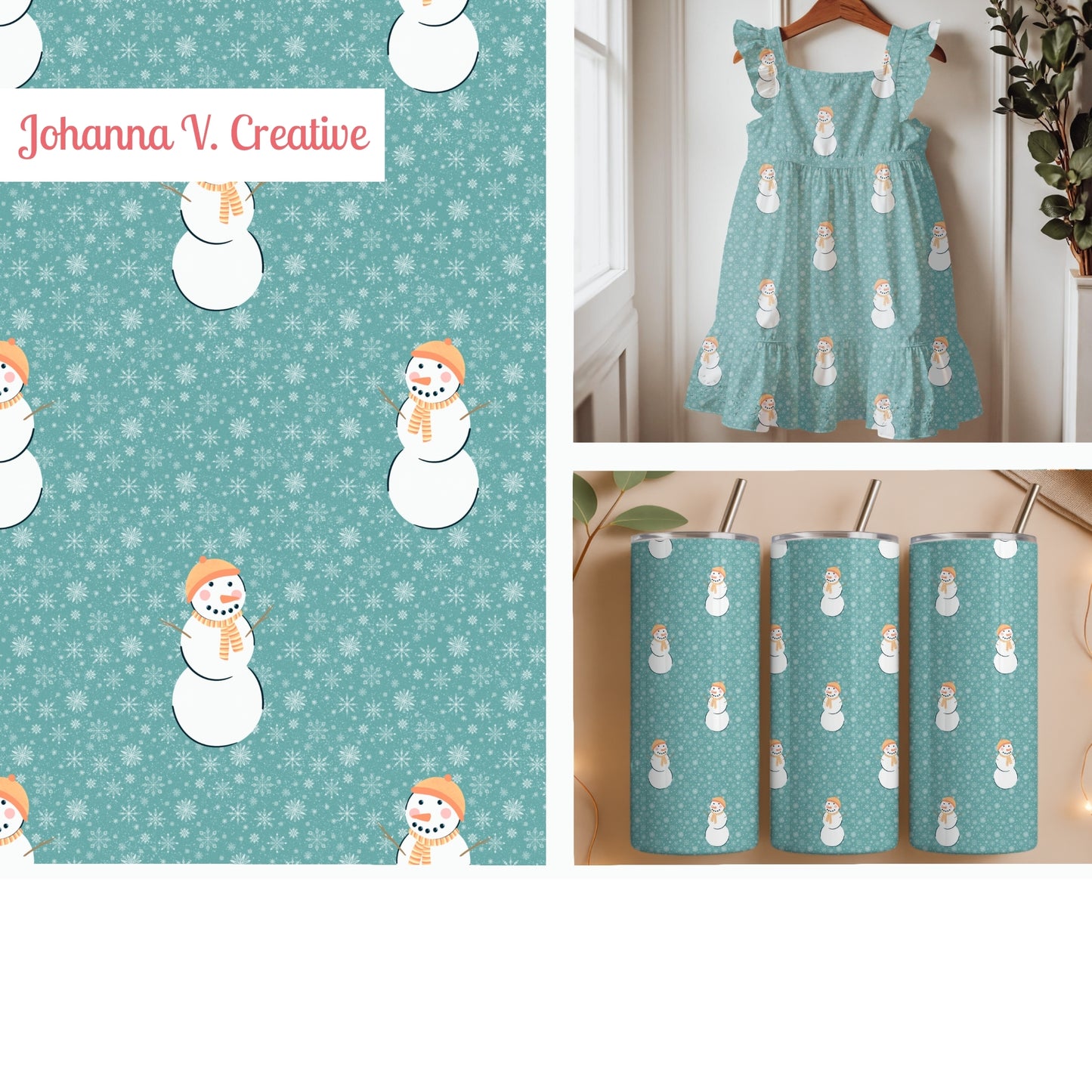 Orange Snowman Winter Seamless Pattern – Teal Snowflake Christmas Design