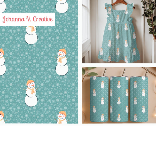 Frosty Teal Snowmen & Orange Winter Hats