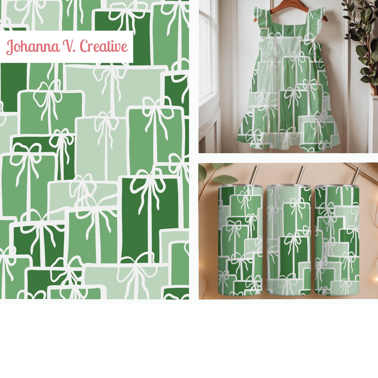 Christmas Presents Seamless Pattern – Green Gift Boxes with Hand-Drawn White Bows
