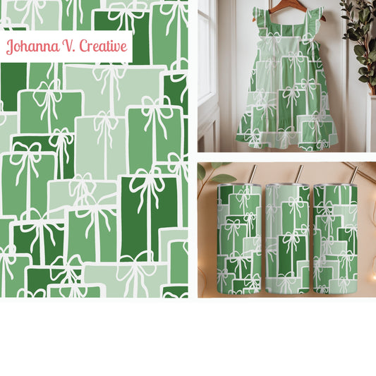 Christmas Presents Seamless Pattern – Green Gift Boxes with Hand-Drawn White Bows