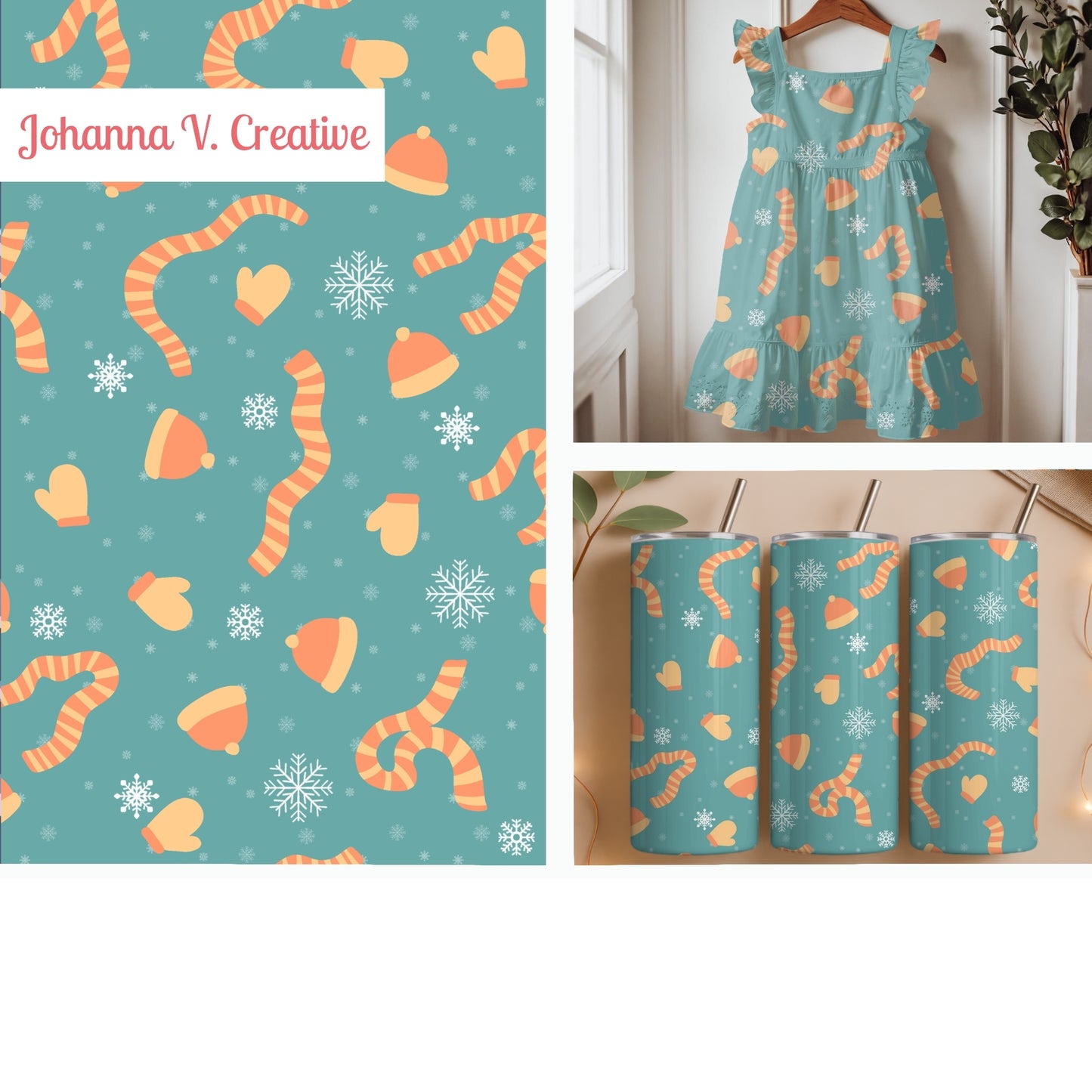 Orange Winter Accessories Seamless Pattern – Hats Scarves Mittens & Snowflakes