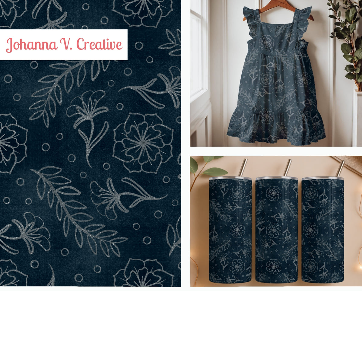 Midnight Botanical Floral Seamless Pattern – Dark Navy Hand Drawn Wildflower & Leaf Design