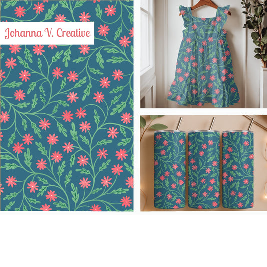 Blooming Florals Seamless Pattern – Blue & Pink Whimsical Botanical Flower Design