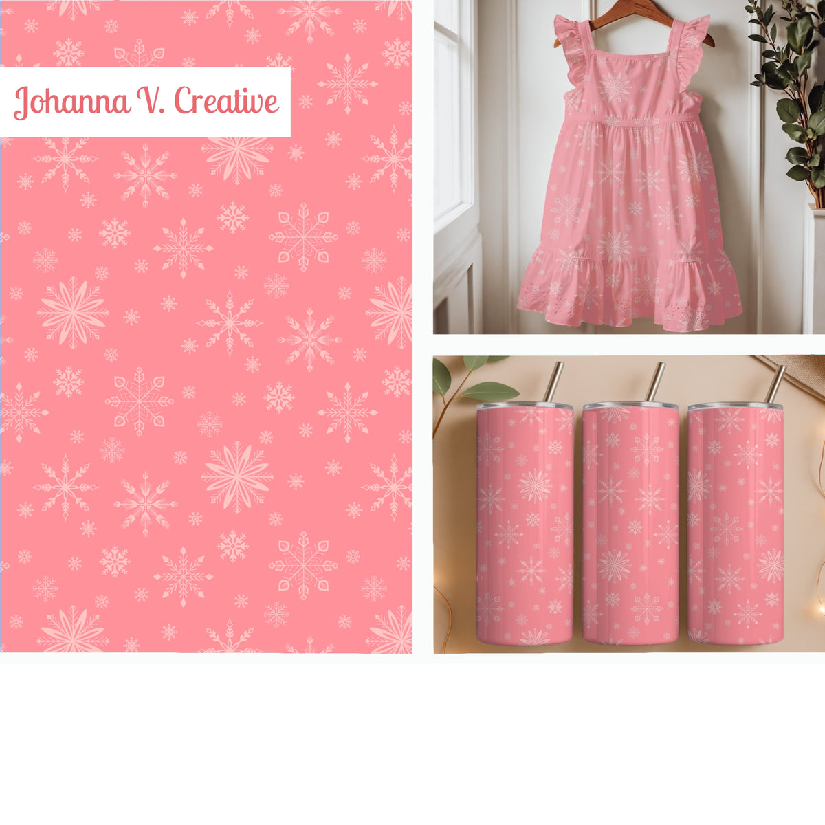 Pink Snowflake Seamless Pattern – Blush Winter Snow & Whimsical Ice Crystal Design
