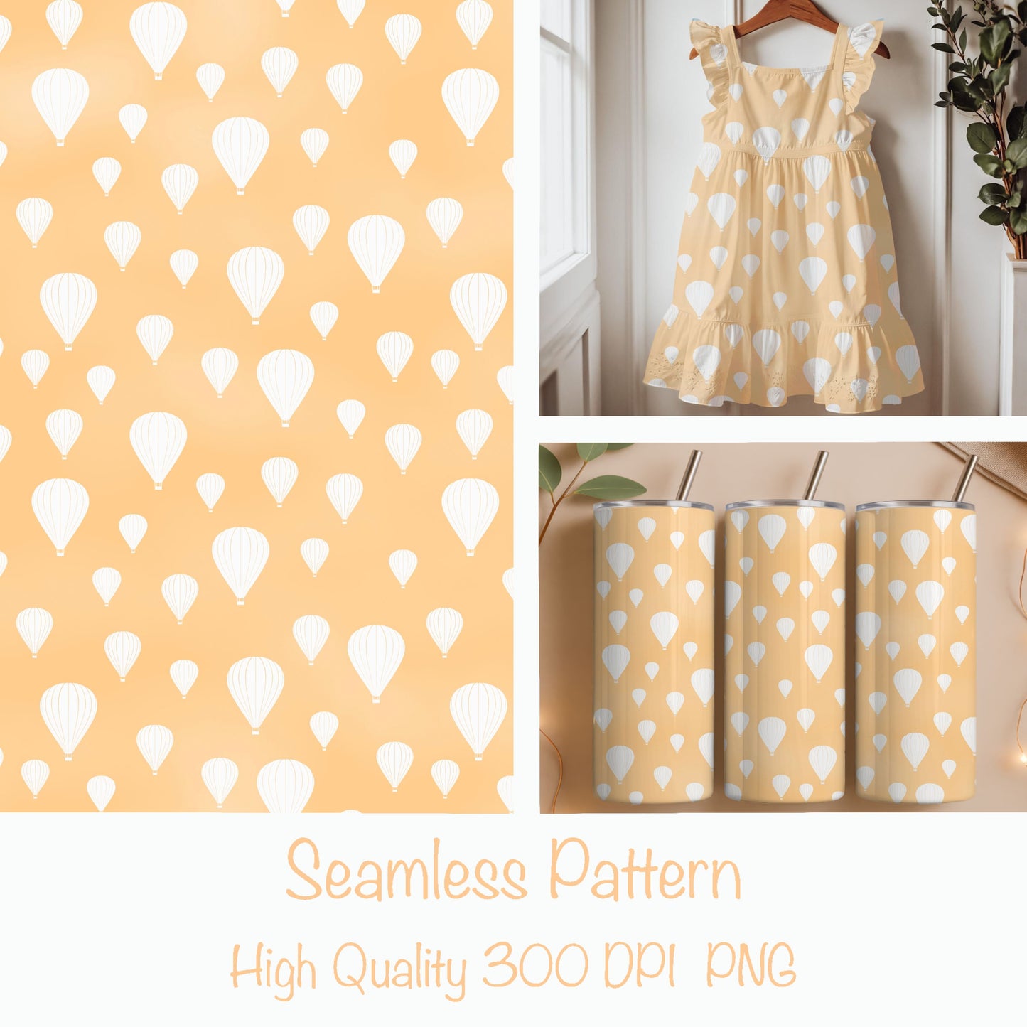 Seamless Hot Air Balloon Pattern PNG, Minimal Balloon Digital Paper 12x12, Soft Sky Surface Pattern for Fabric, Packaging, Nursery Design, Commercial Use