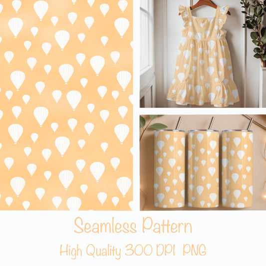 Seamless Hot Air Balloon Pattern PNG, Minimal Balloon Digital Paper 12x12, Soft Sky Surface Pattern for Fabric, Packaging, Nursery Design, Commercial Use