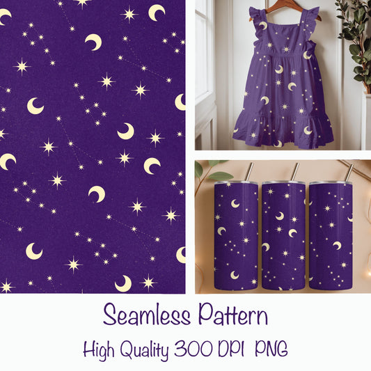 Celestial Dreams Seamless Pattern – Moon & Stars Print in Deep Purple | Commercial Use Surface Design