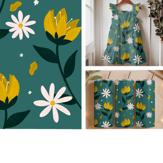 Wildflowers and Daisies on Teal | Botanical Seamless Pattern