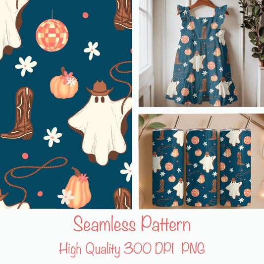 Cowboy Ghost Seamless Pattern – Western Fall Print on Deep Teal | Boots, Pumpkins, Rope & Disco Elements | Moody Autumn Design