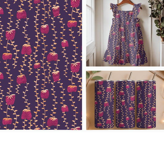 Hanging Strawberries on Deep Plum Seamless Pattern