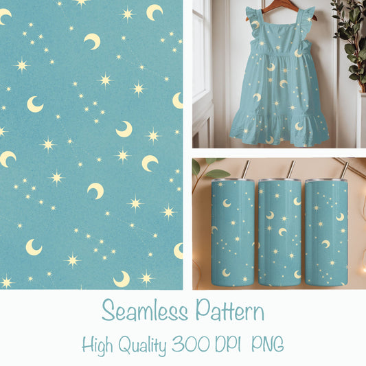 Celestial Dreams Seamless Pattern – Moon & Stars Print in Soft Blue | Commercial Use Surface Design