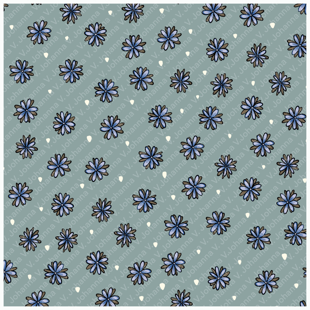 Blue Doodle Flower Seamless Pattern – Whimsical Floral on Muted Sage Green