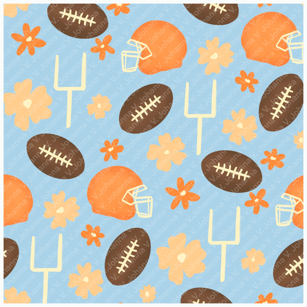 Football Season Light Blue Seamless Pattern – Floral Game Day Football & Helmet Design