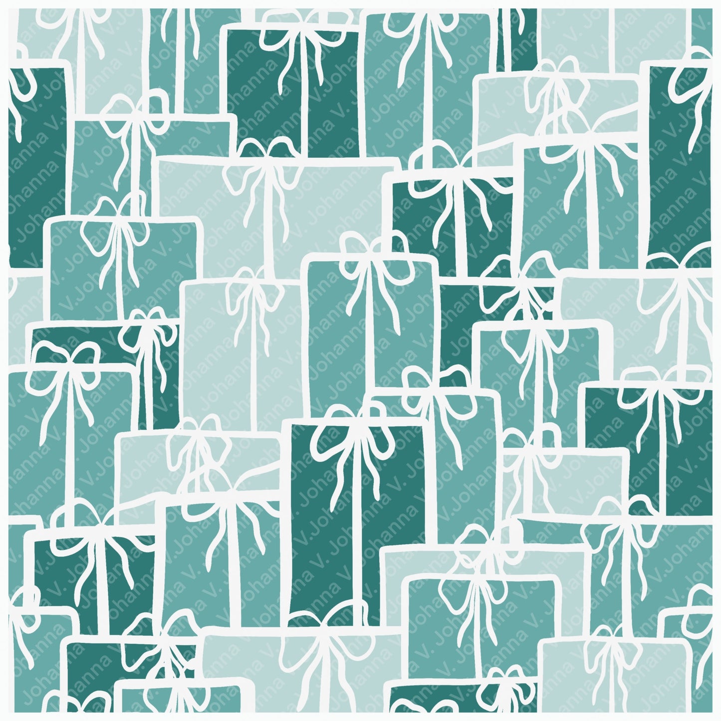 Christmas Presents Seamless Pattern – Teal & Aqua Gift Boxes with Hand-Drawn Bows