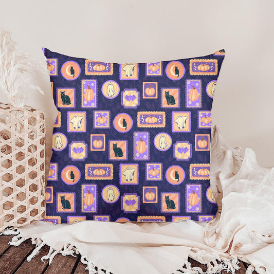 Vintage Halloween Gallery Seamless Pattern – Cozy Ghosts, Cats & Pumpkins (Midnight Edition)