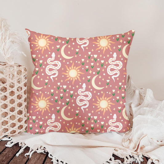 Celestial Serpent Garden Seamless Pattern – Boho Sun, Moon & Snake Print in Dusty Rose | Commercial Use Surface Design