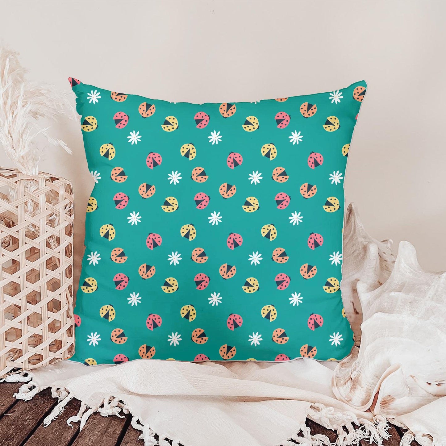 Seamless Ladybug Pattern PNG, Teal Cute Floral Bug Digital Paper 12x12, Whimsical Nature Surface Pattern for Fabric, Packaging, Kids Design, Commercial Use