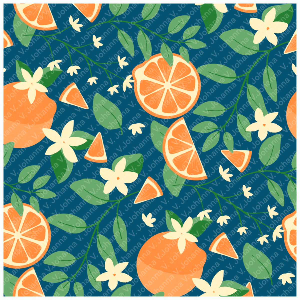 Orange Blossom Seamless Pattern – Citrus Fruit Flowers & Green Leaves on Deep Blue