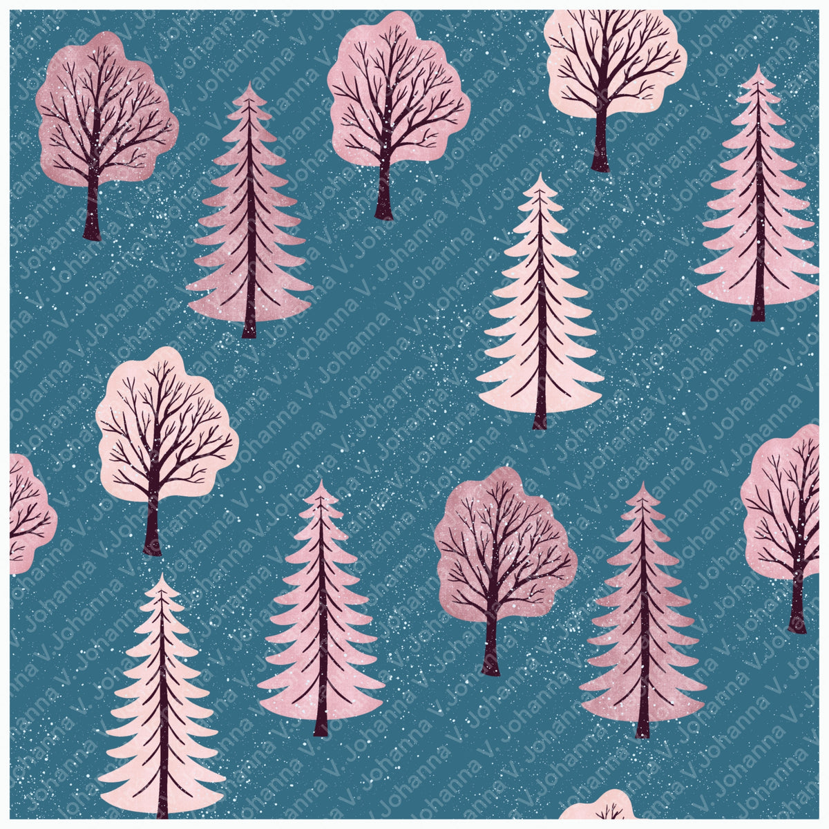 Pink Winter Forest Seamless Pattern – Snowy Blush Trees on Winter Blue