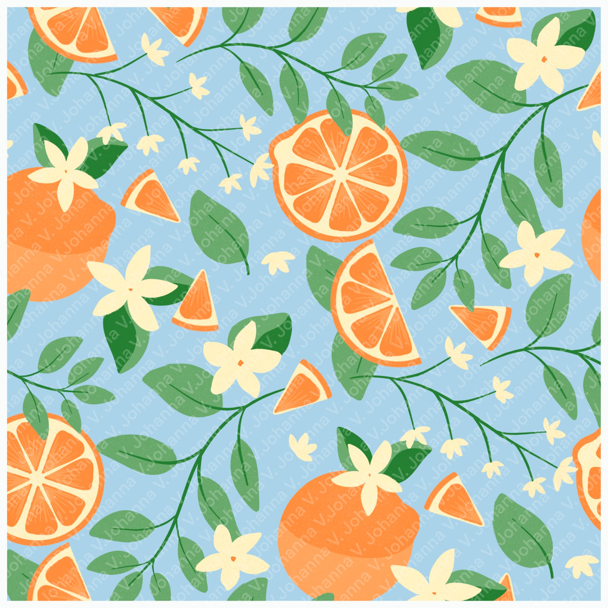 Orange Blossom Seamless Pattern – Citrus Fruit Flowers & Green Leaves on Light Blue