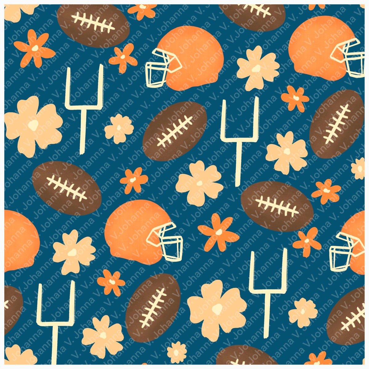 Floral Football Seamless Pattern – Blue & Orange Game Day Sports Design