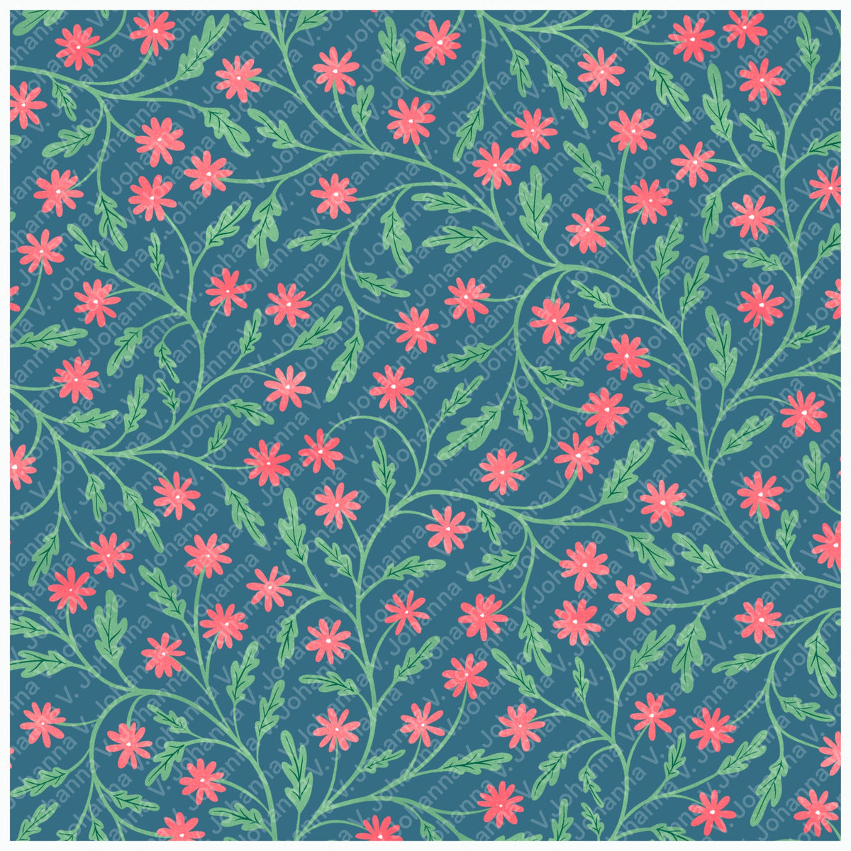 Blooming Florals Seamless Pattern – Blue & Pink Whimsical Botanical Flower Design