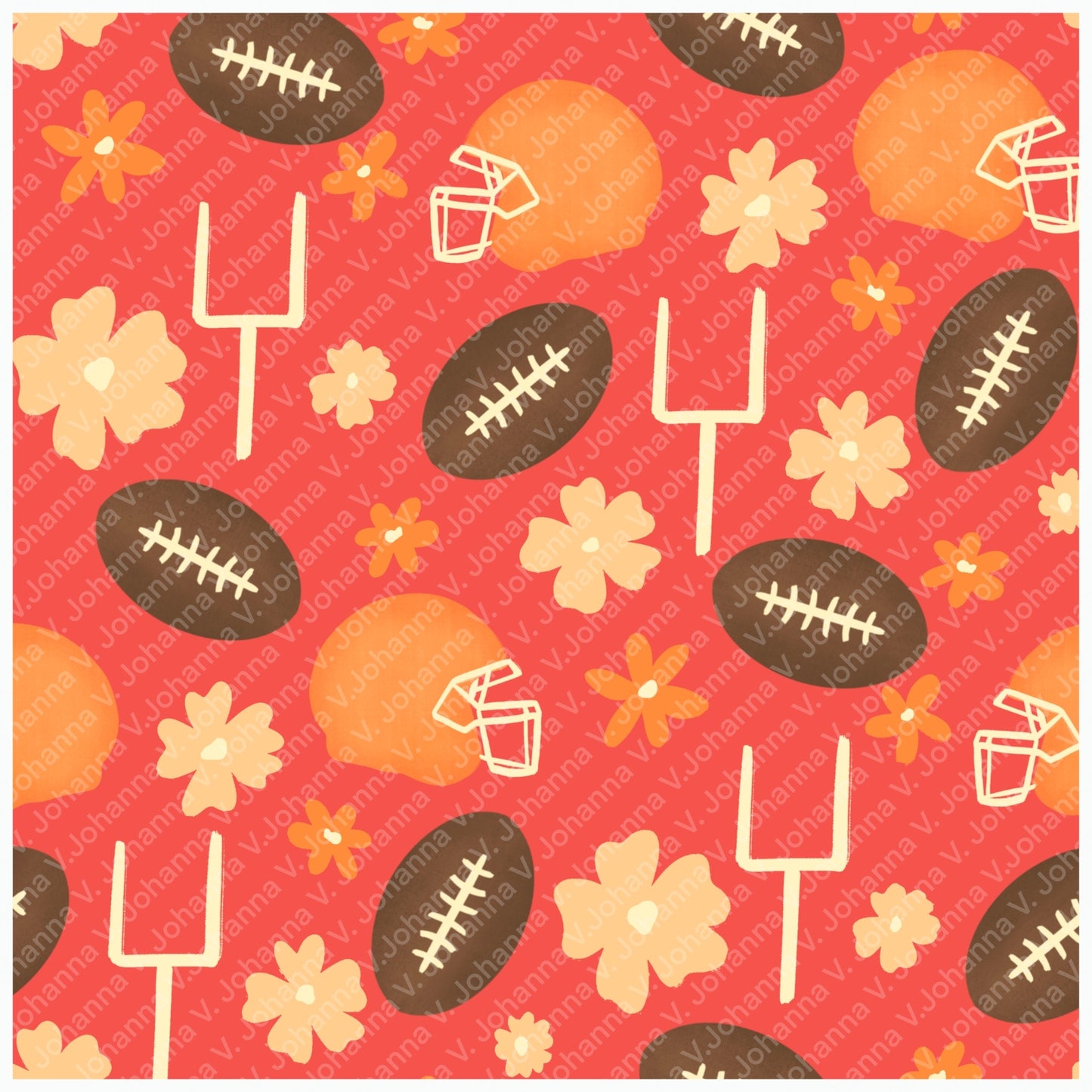 Football Season Red Seamless Pattern – Floral Game Day Football Helmet Sports Design
