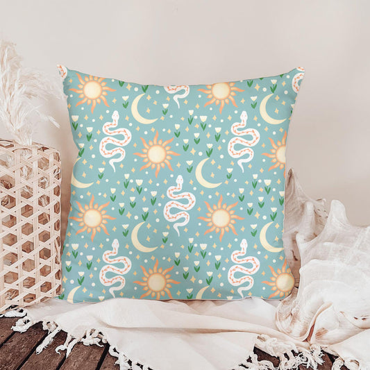 Celestial Serpent Garden Seamless Pattern – Boho Sun, Moon & Snake Print in Soft Blue | Commercial Use Surface Design