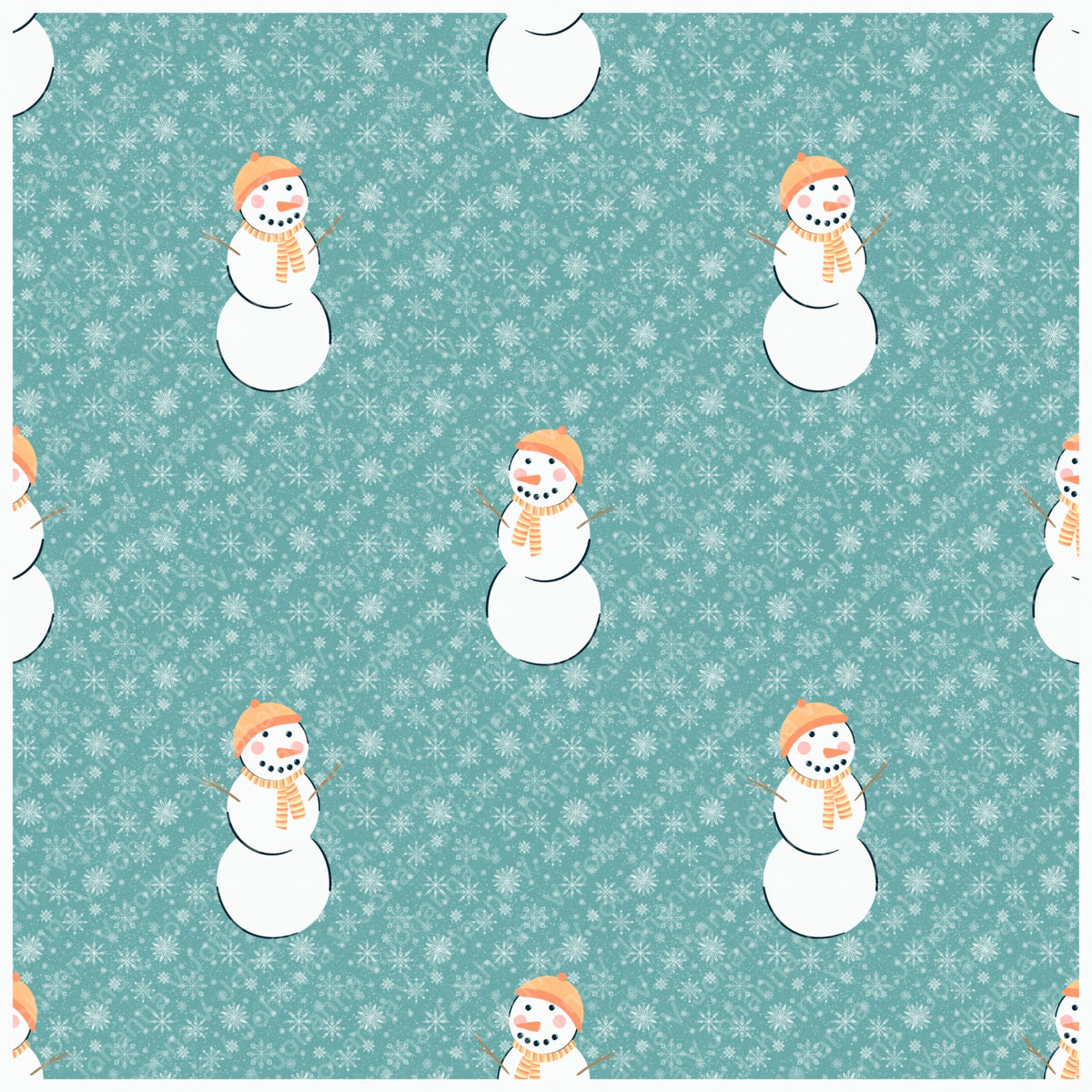 Orange Snowman Winter Seamless Pattern – Teal Snowflake Christmas Design