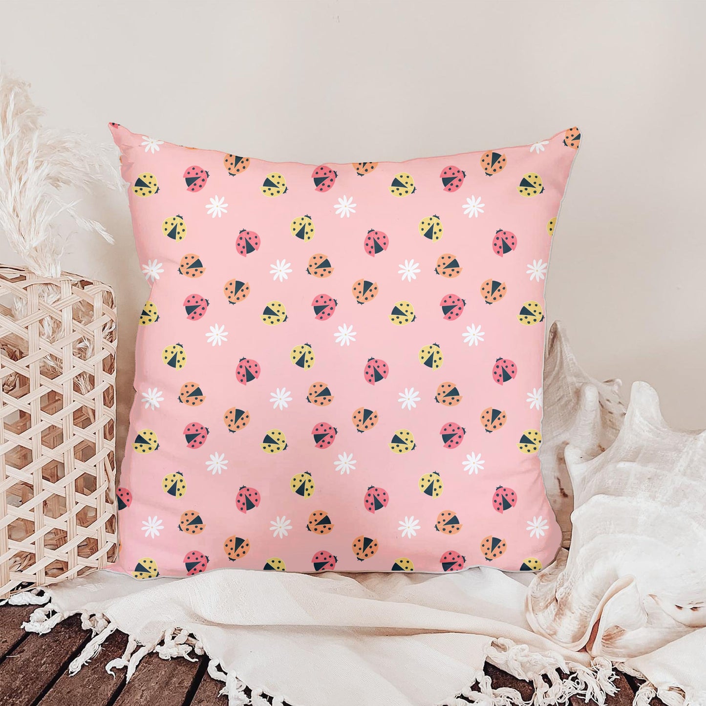 Seamless Ladybug Pattern PNG, Pink Cute Floral Bug Digital Paper 12x12, Whimsical Nature Surface Pattern for Fabric, Nursery, Packaging, Commercial Use