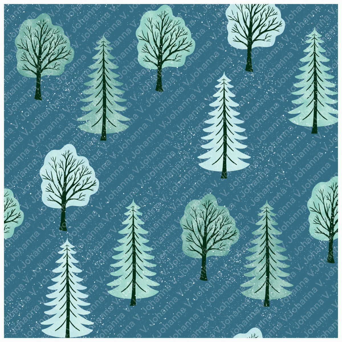 Quiet Winter Woods Seamless Pattern – Snowy Evergreen Forest in Blue & Mint