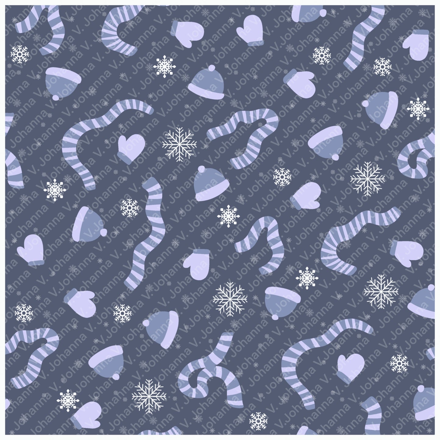 Purple Winter Accessories Seamless Pattern – Hats Scarves Mittens & Snowflakes