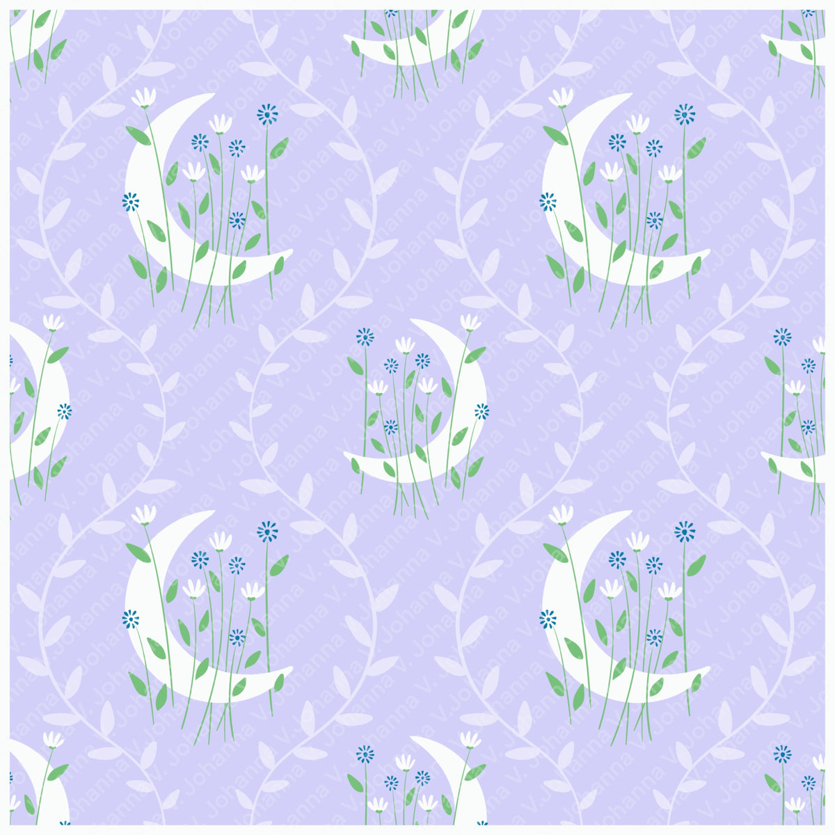 Botanical Crescent Moon Seamless Pattern – Lavender Celestial Wildflower Design